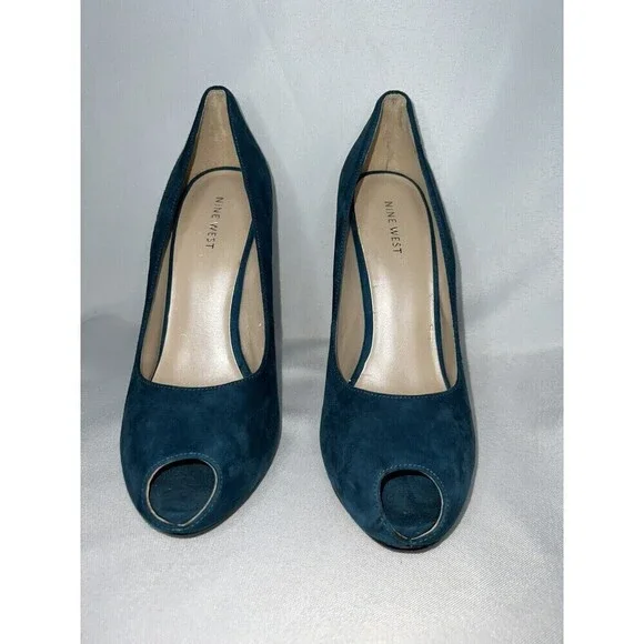 Nine West Peep Toe Dark Turquoise High Heels Womens Sz 10 Leather Upper - Picture 5 of 9